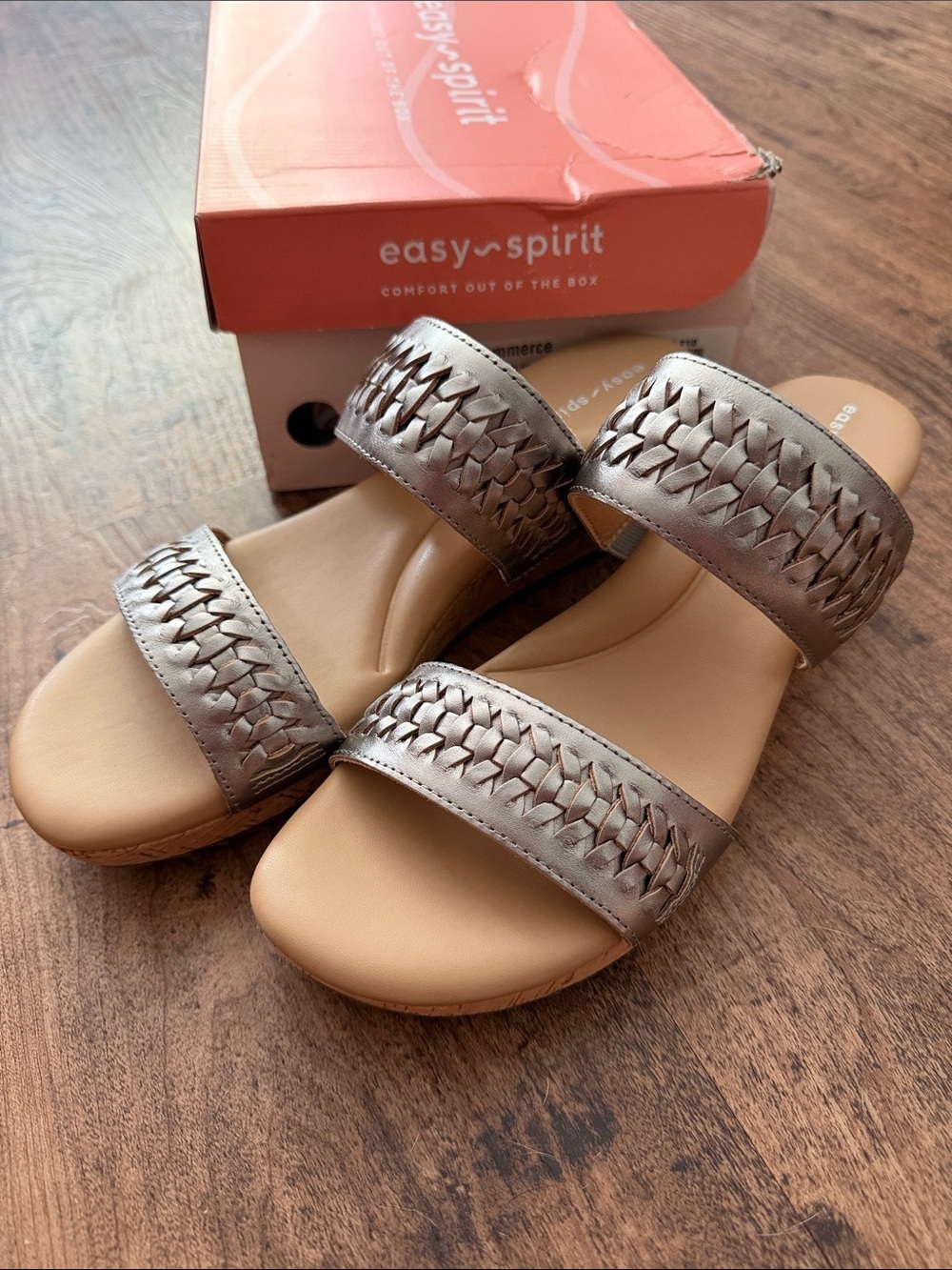 Easy Spirit Women's Pewter Woven Double-Strap Slide Sandals